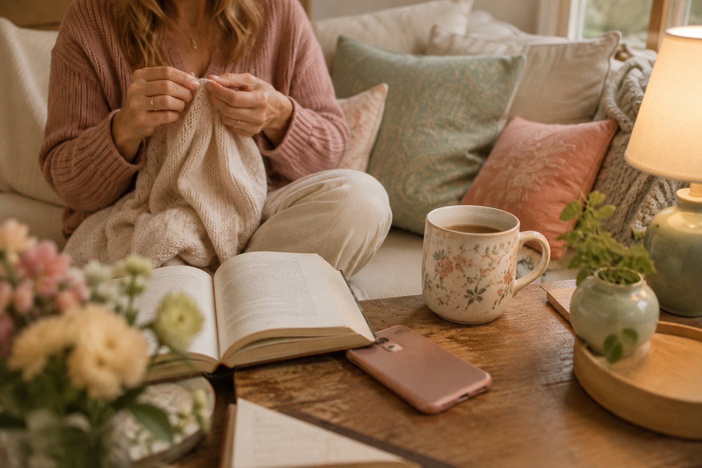 Knitting on the sofa with a book open and the phone lying face down on the table.