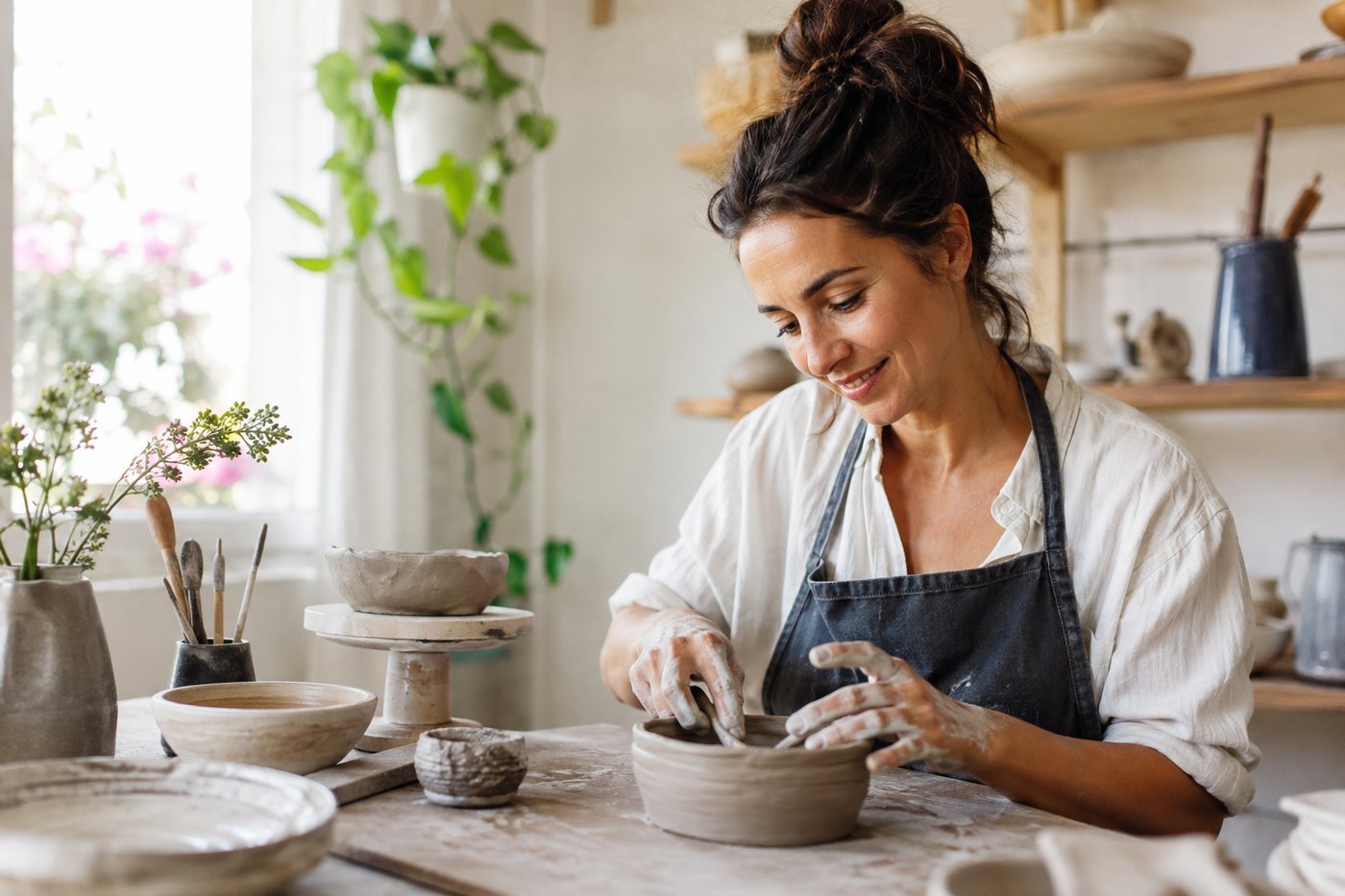 A woman shaping a clay bowl by hand in a light-filled pottery studio.
