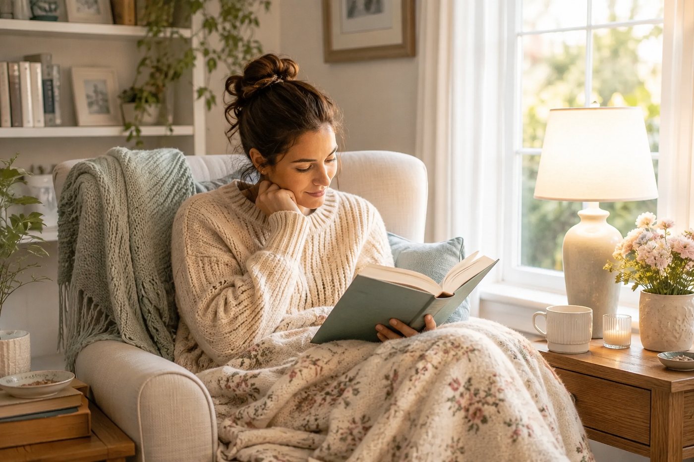 Reading in an armchair under a blanket beside a window and a lamp.