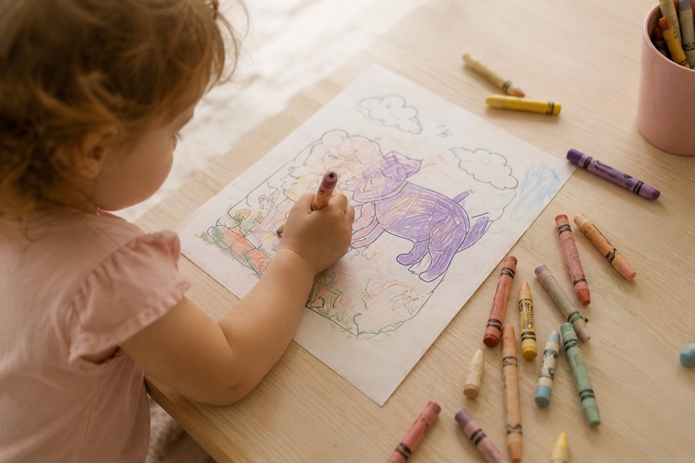 A toddler filling in a colouring page with a chunky crayon, strokes running past the lines.