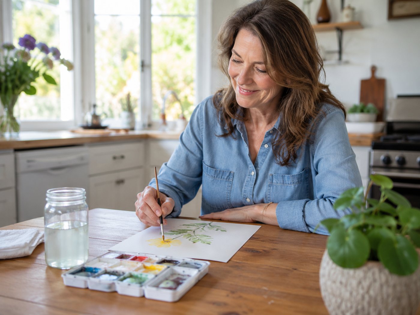 A woman painting a leaf in watercolour at her kitchen table.