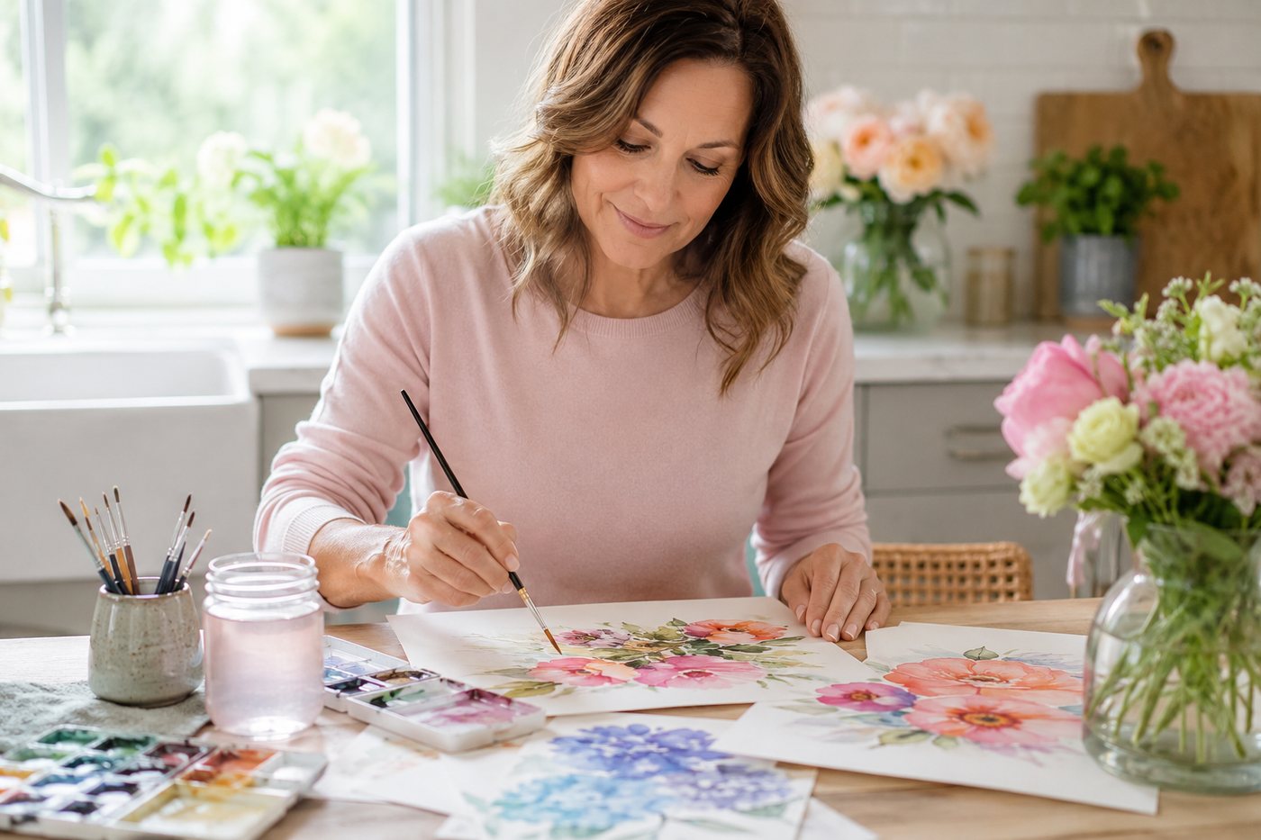 Painting loose watercolour flowers at a kitchen table with paint palettes.