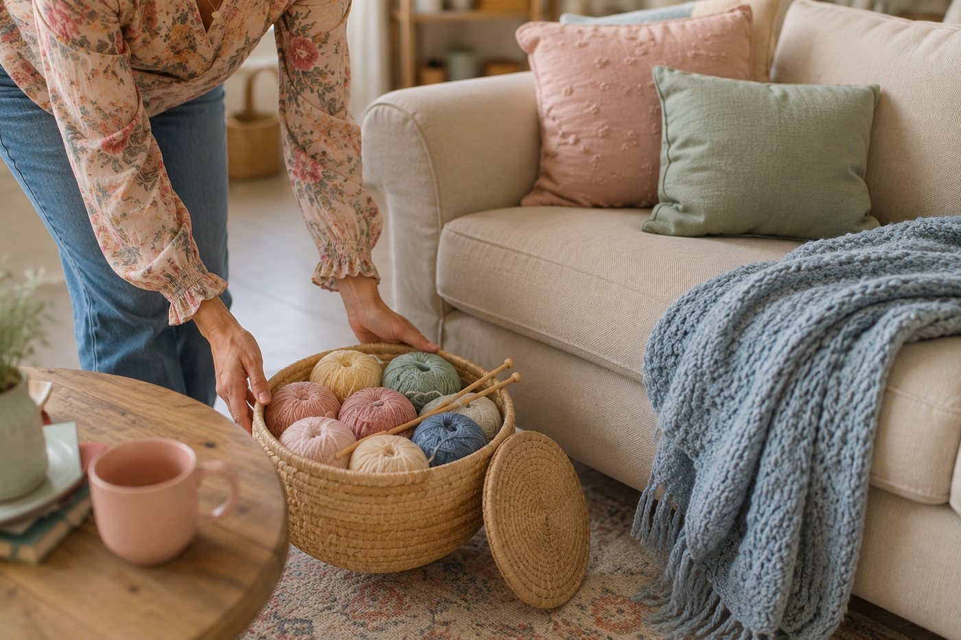Setting a basket of yarn beside the sofa with the lid off and the needles already in.