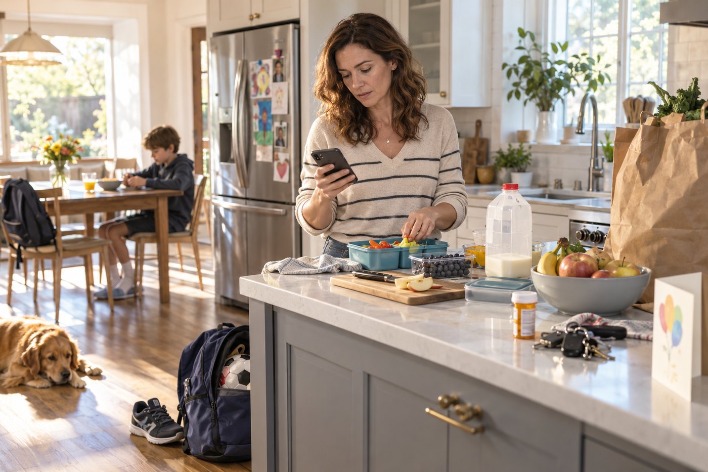 A mother packing school lunches with her phone in one hand and medication on the kitchen counter.