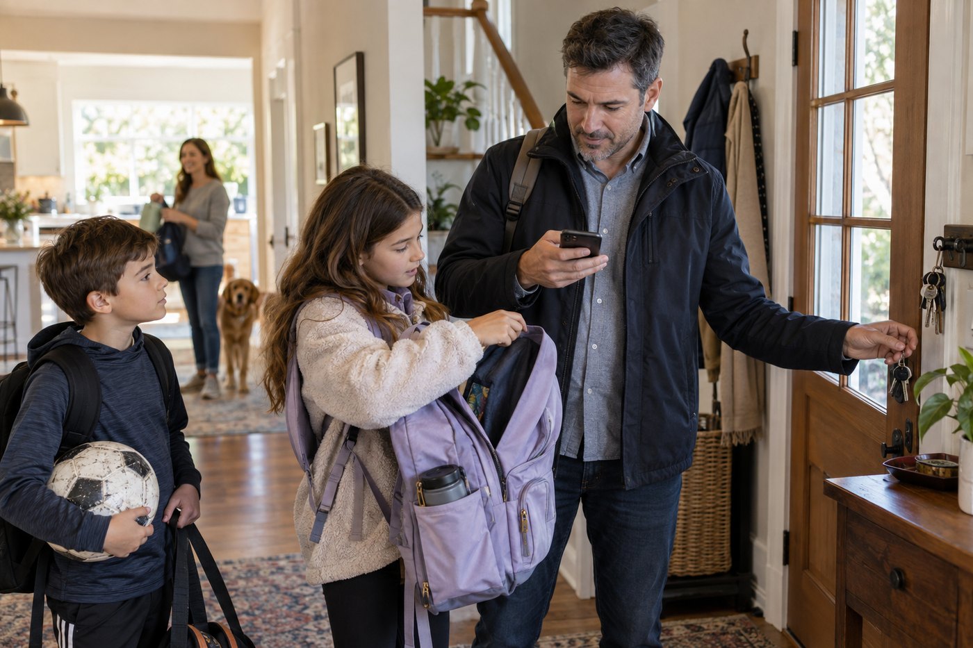 A father checking his phone in the hallway while the children get themselves ready to leave.