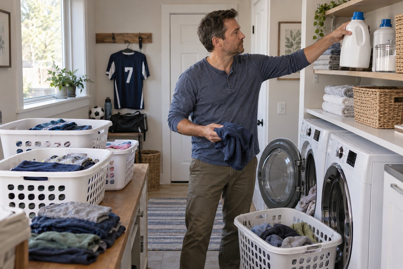 A man running the whole laundry routine, reaching for detergent above the washing machine.