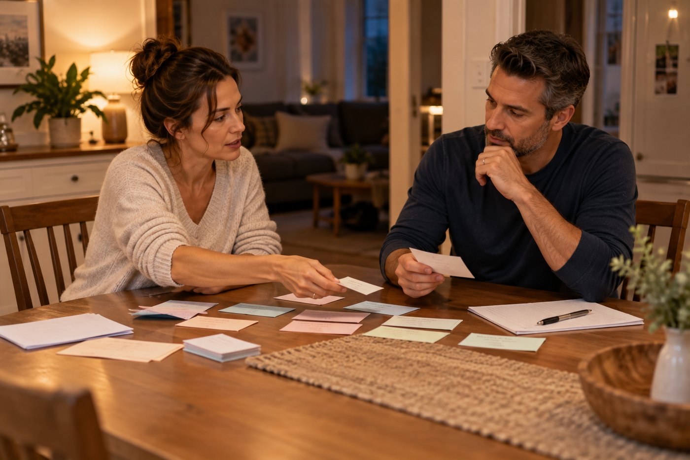 A couple at the kitchen table sorting labelled household cards between the two of them.