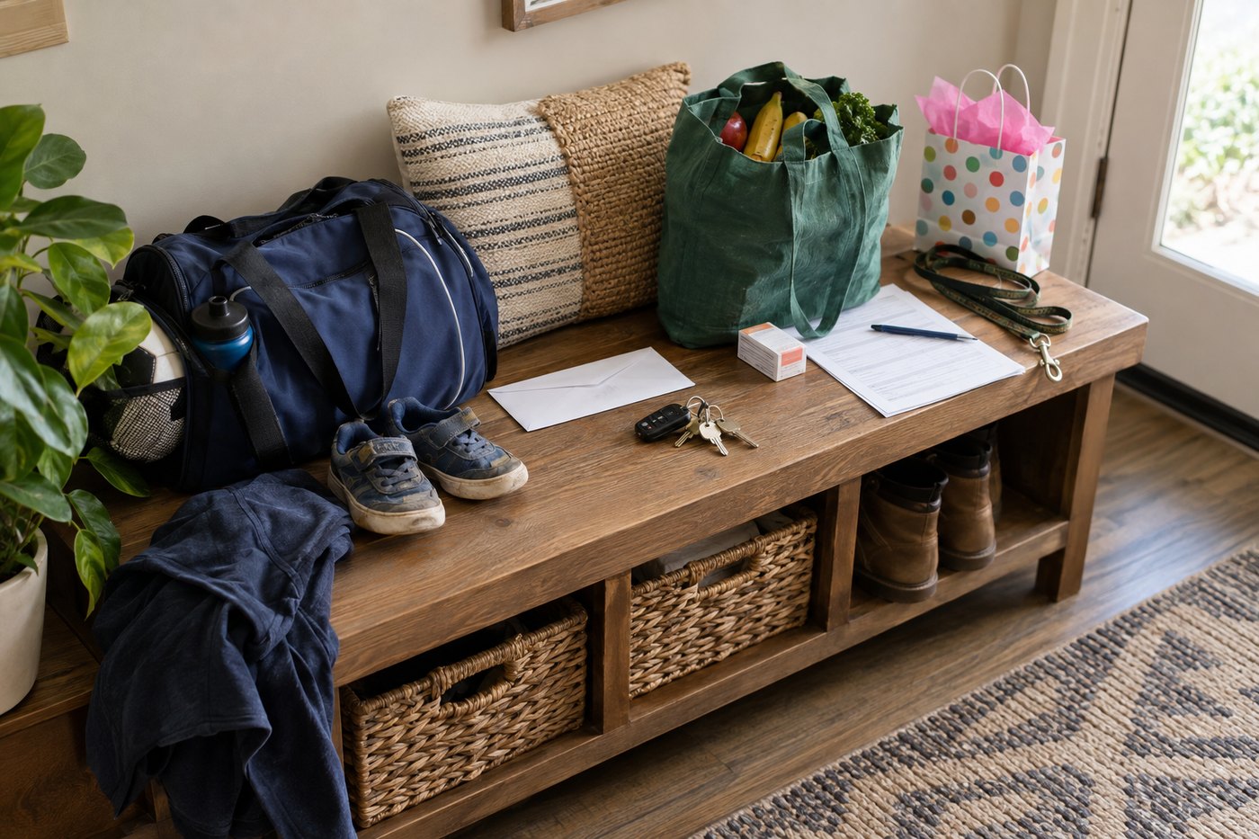 A hall bench loaded with bags, shoes, a school form, medicine and a wrapped gift.