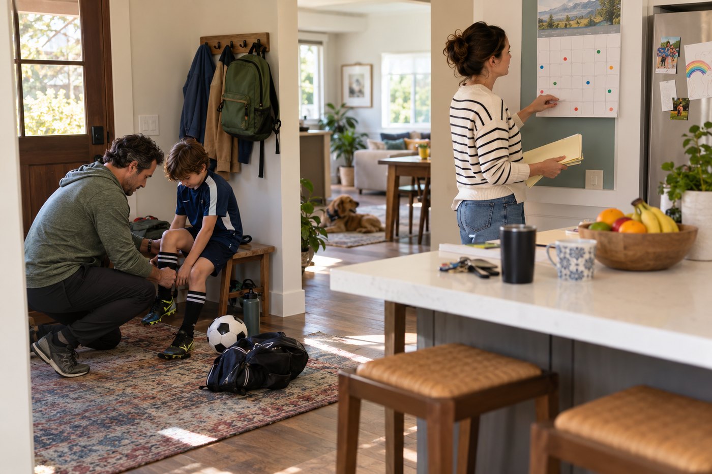 A father tying his son's shoelaces while the mother marks a date on the wall calendar.