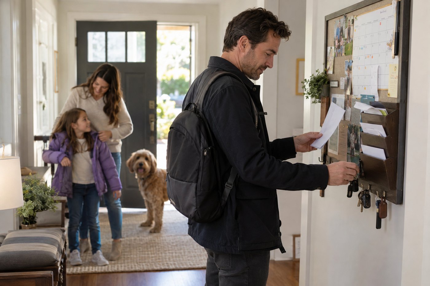 A father checking the family noticeboard as everyone arrives home.