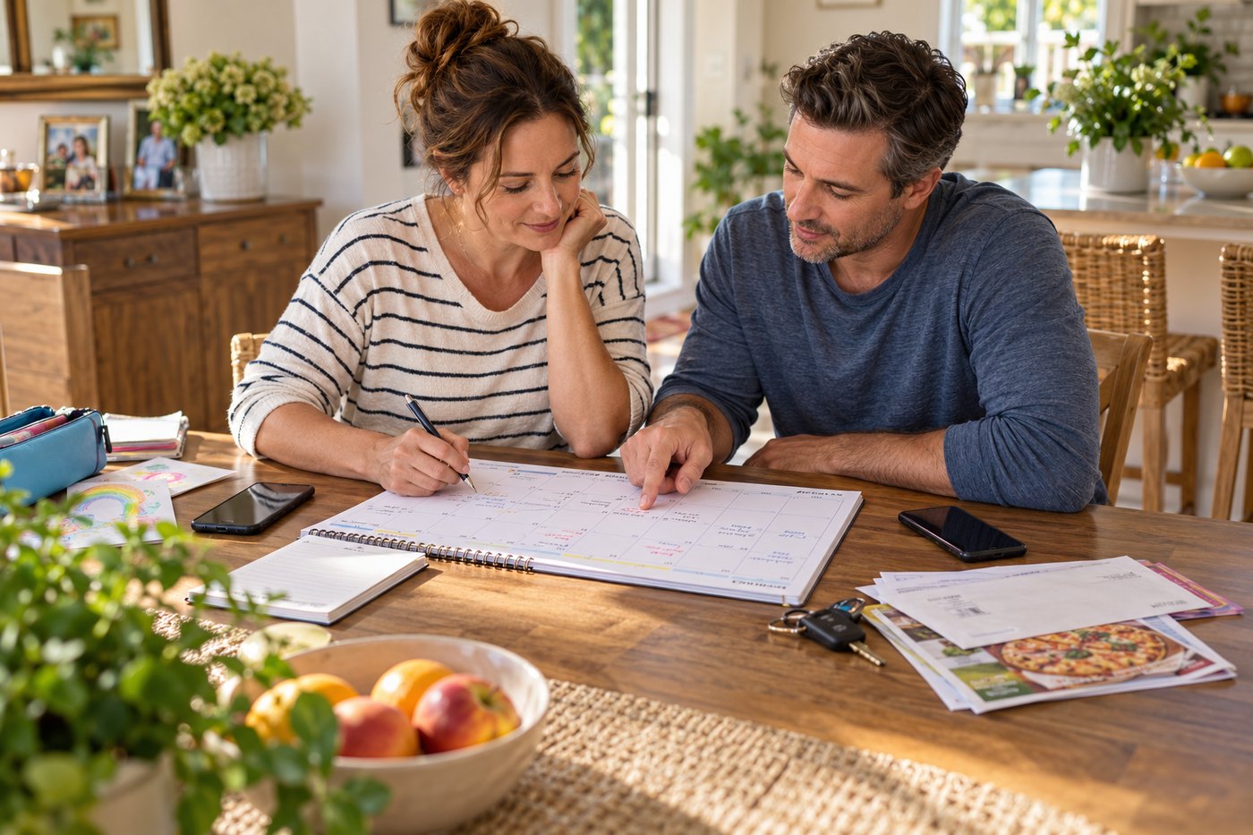 A couple sitting together over a large open planner, writing out the week.