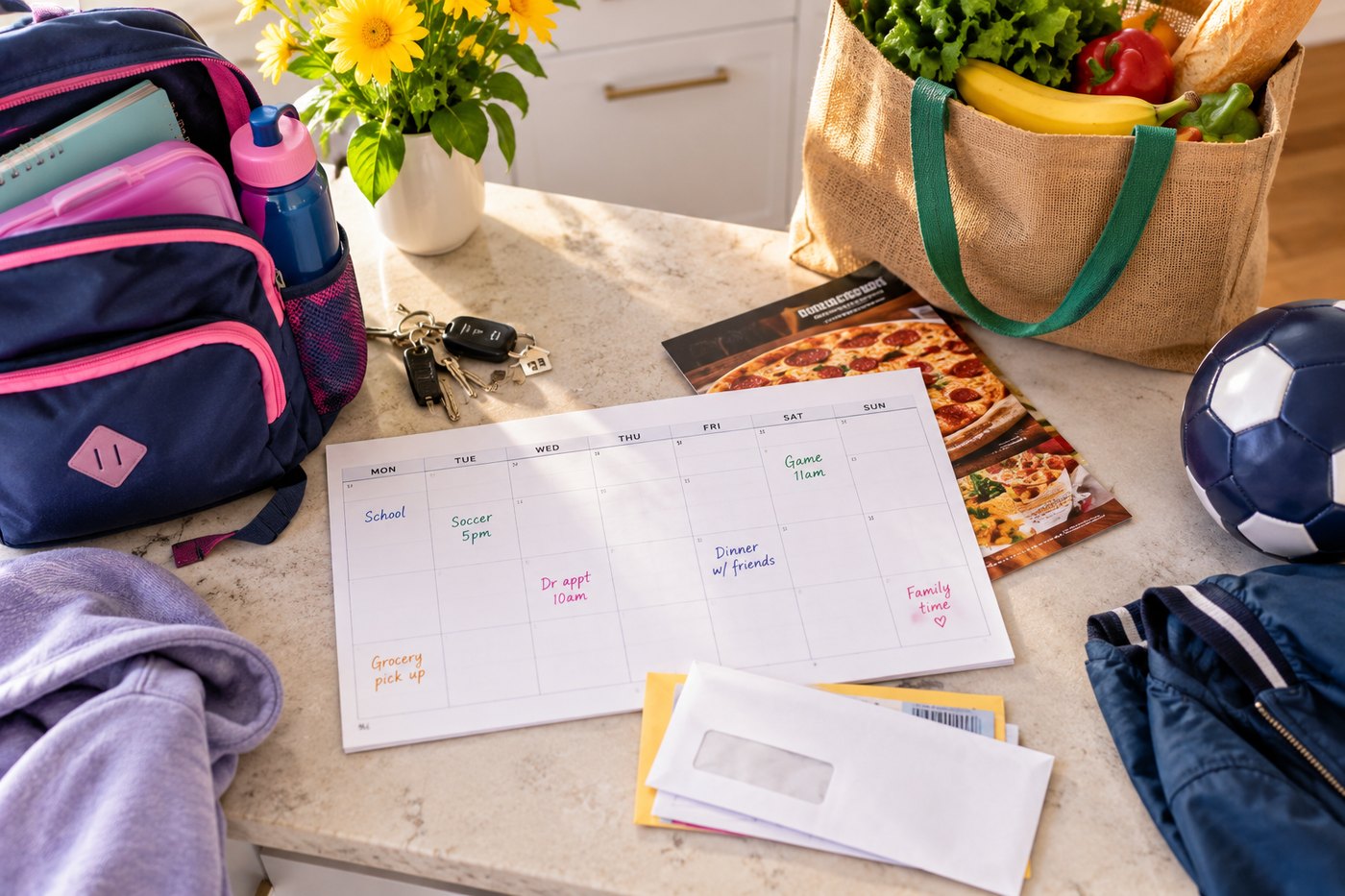 A kitchen counter with the week written out on a family calendar.