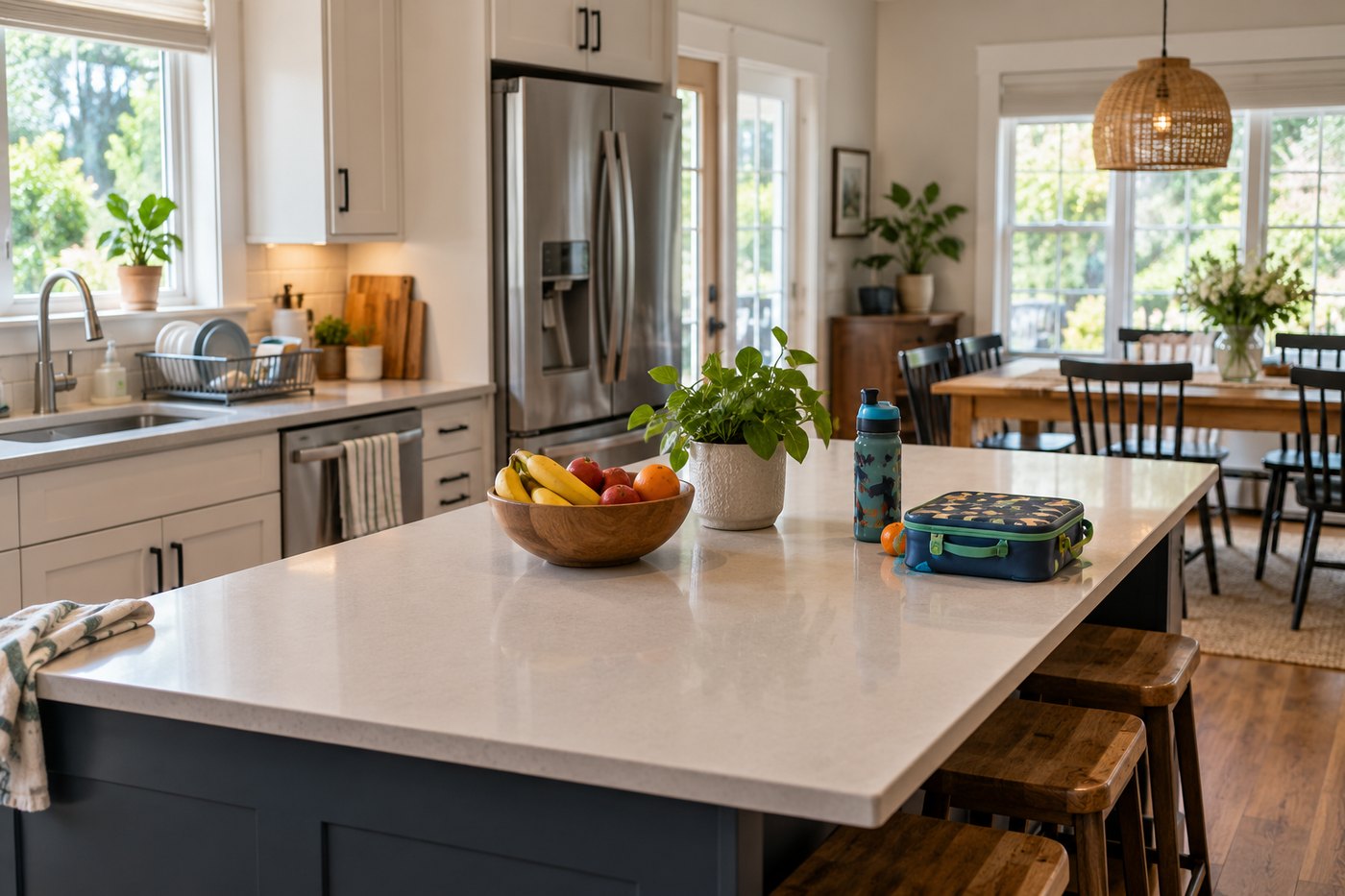 A cleared kitchen island, the visible definition of a job being finished.