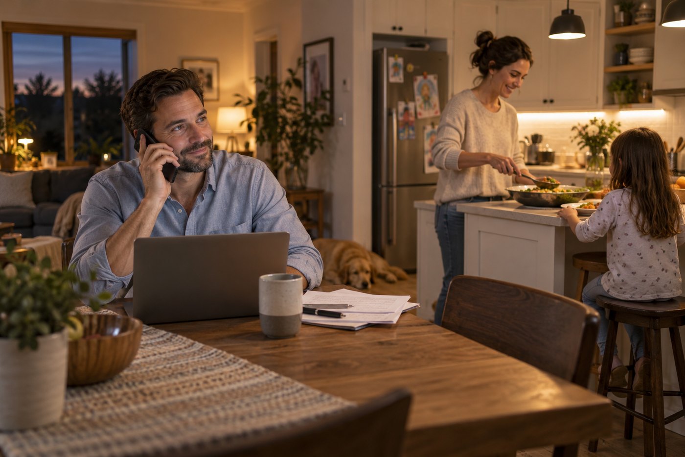 A man working at a laptop while his partner cooks and their child sits at the counter.