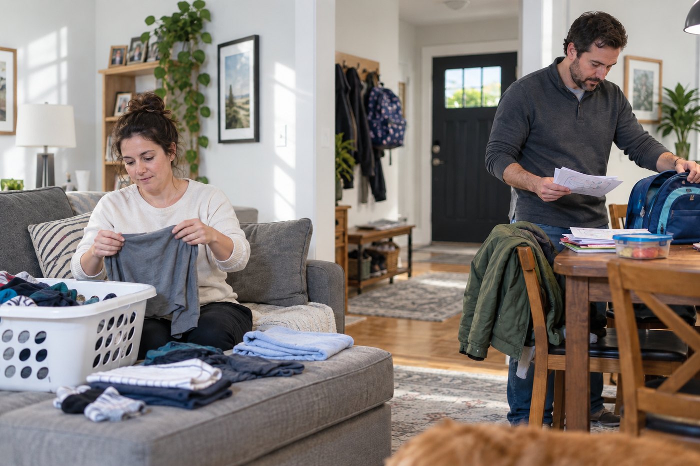 A woman folding laundry on the sofa while her partner works through school papers.