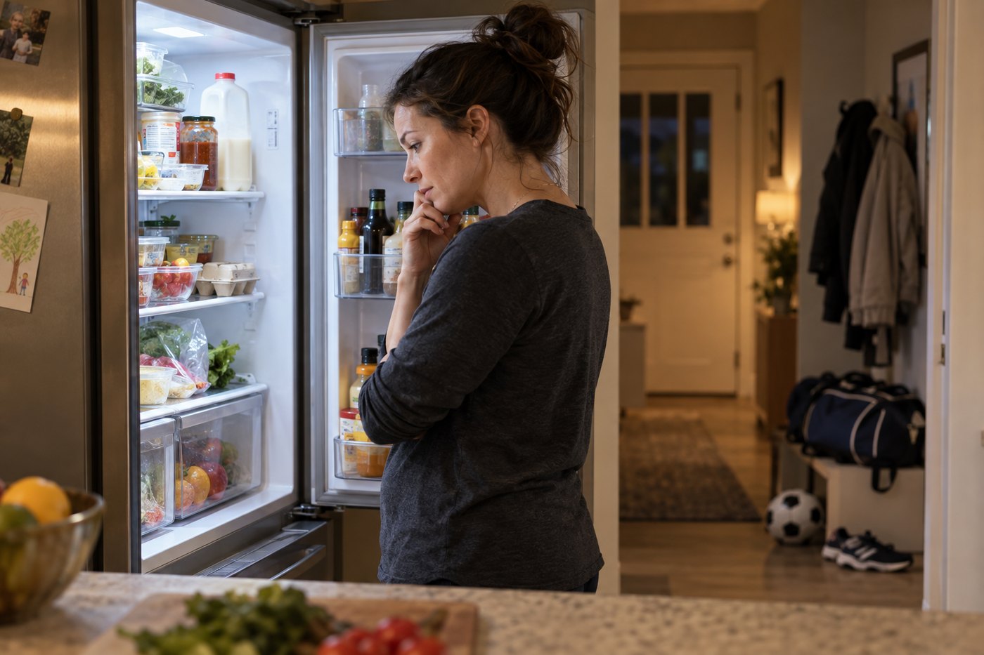 A woman looking into an open fridge late at night.