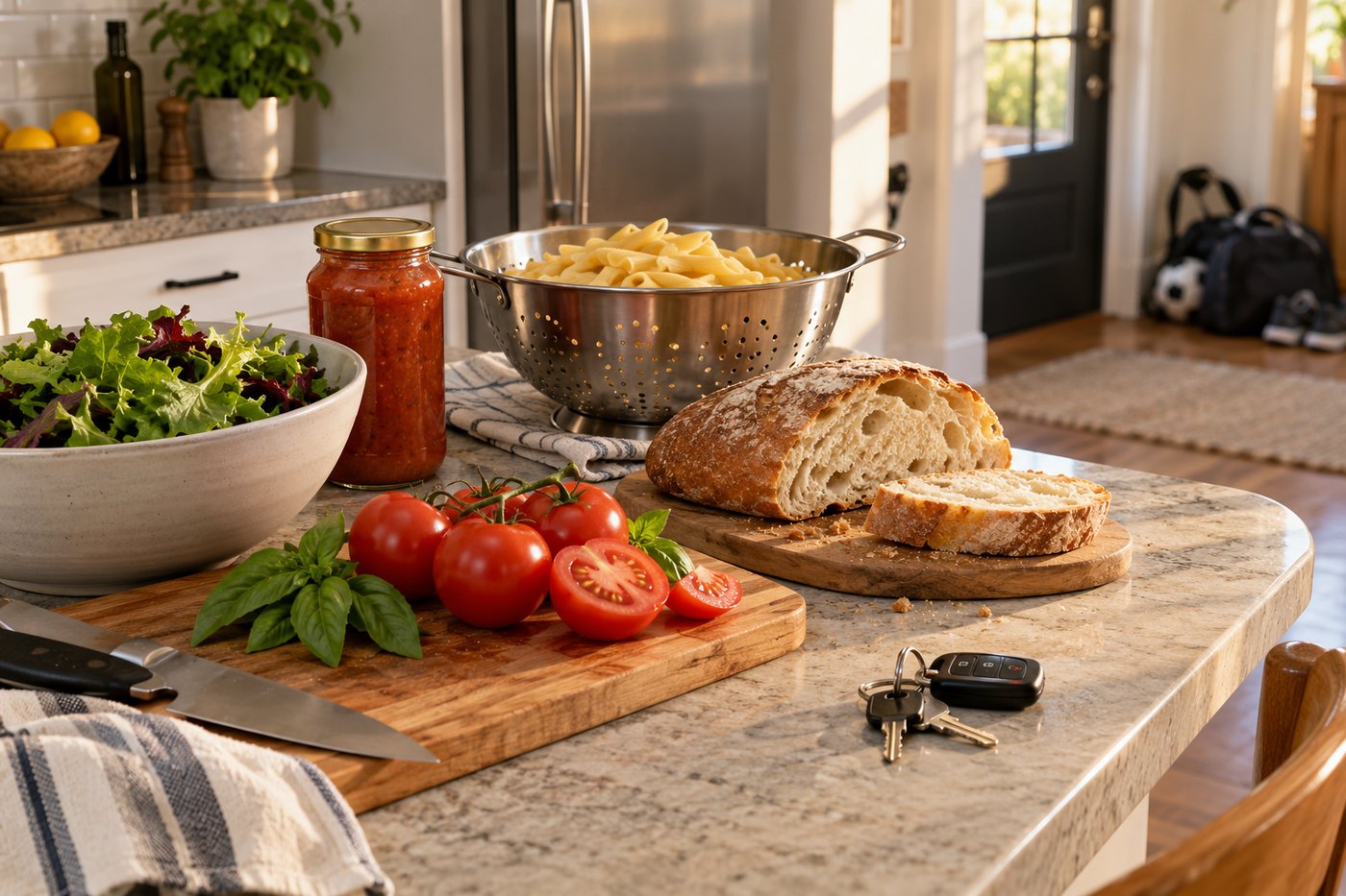 A kitchen counter with salad, tomatoes, bread and pasta ready for an ordinary dinner.