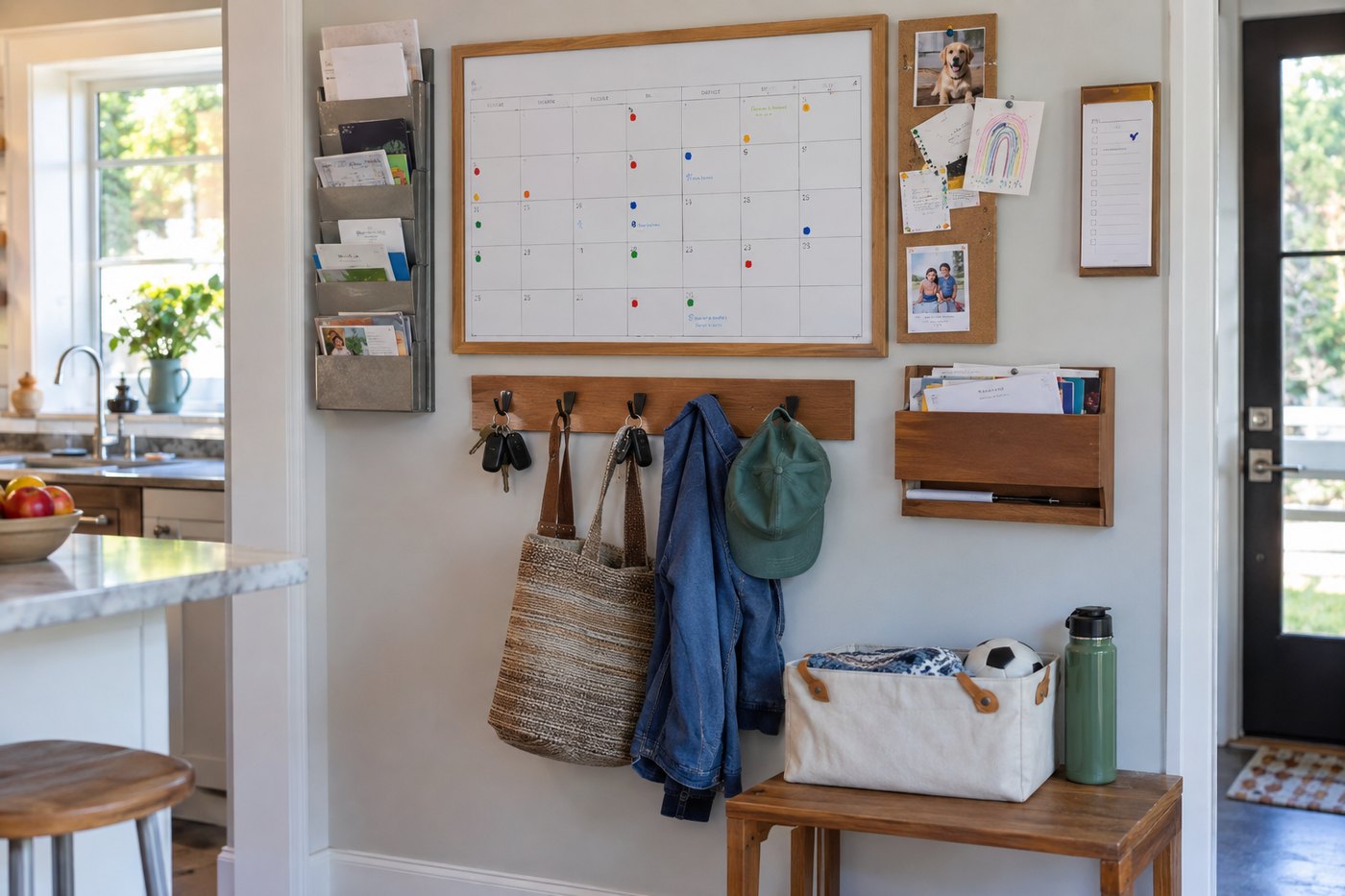 A wall command centre with a whiteboard, calendar, mail slots and hooks.