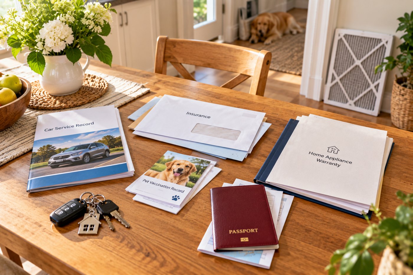 A table of household documents including a car record, insurance, passport and warranty.