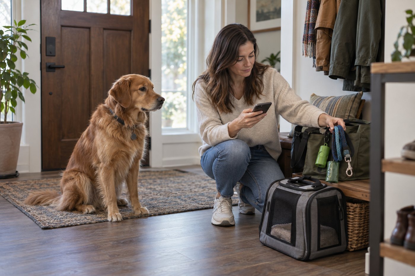 A woman with her dog and a pet carrier, heading out for a routine vet visit.